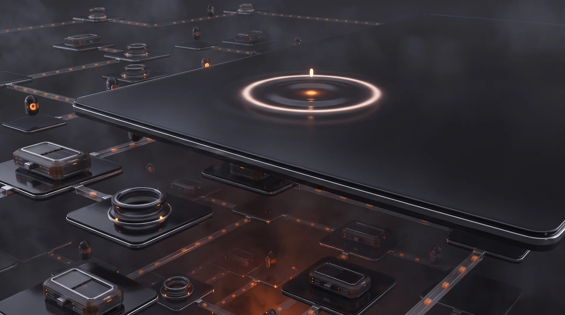 Concept illustration: connected operational components in graphite and orange